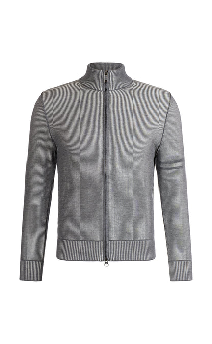 Sporty zip jacket made of 2-coloured rib and stripes on the sleeve, 100% Merino, relaxed fit