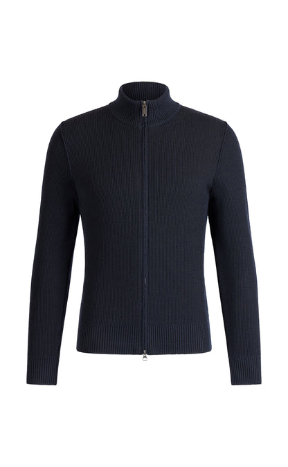 Sportliche Zippjacke aus 2-färbiger Rippe, 100% Merino, relaxed fit