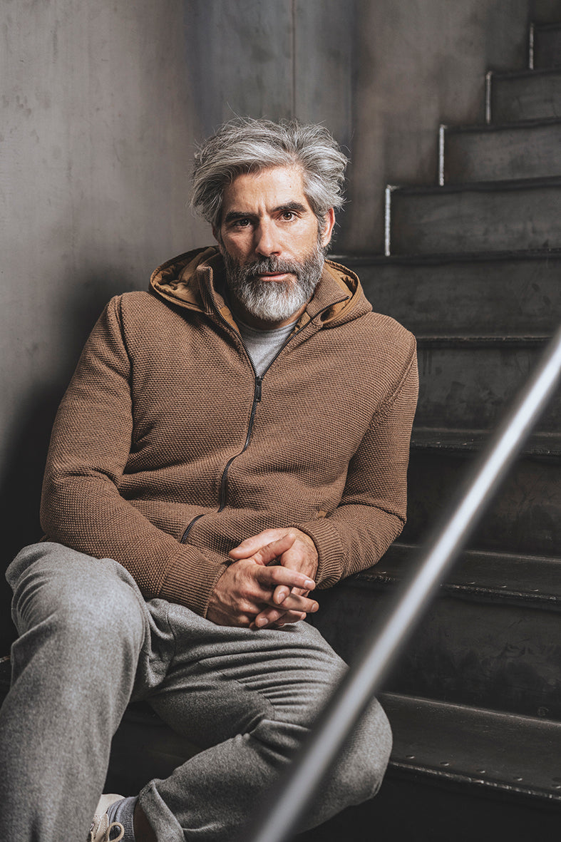 Outdoorjacke in Reiskornstrickstrukturaus 100% Merino, voll gefüttert mit Nylonstepp