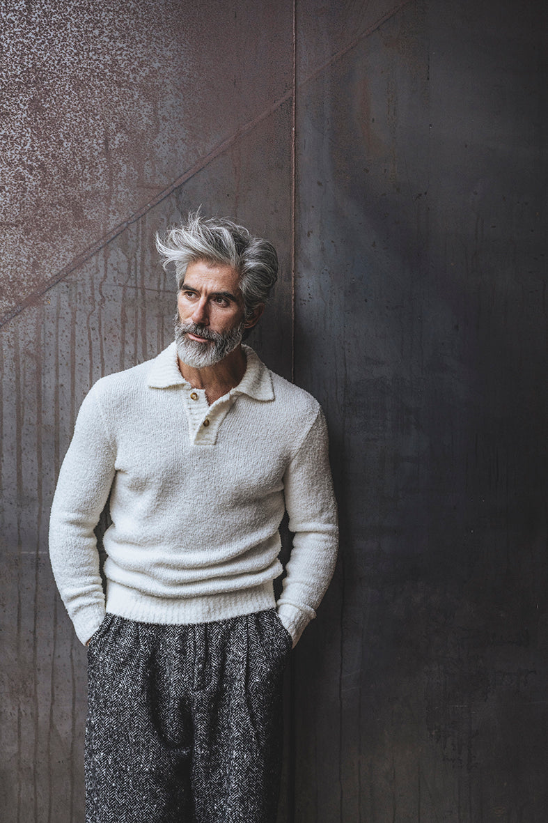Fake fur-look sweater with polo collar, made from soft, mulesing-free merino wool
