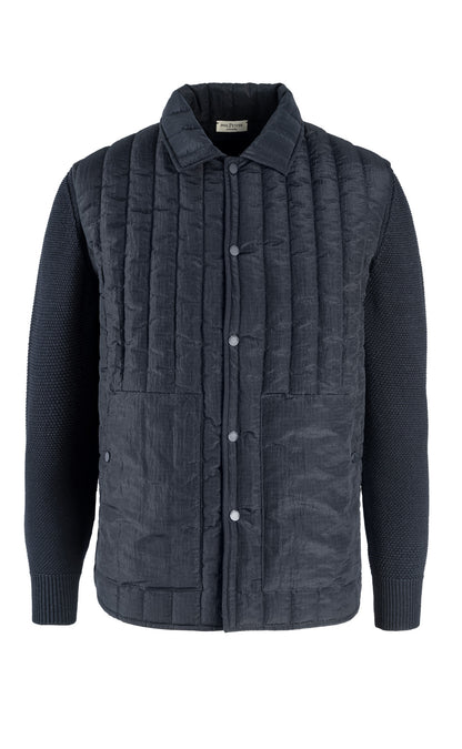 Hybrid overshirt with nylon quilting and knitted sleeves made of 100% merino wool